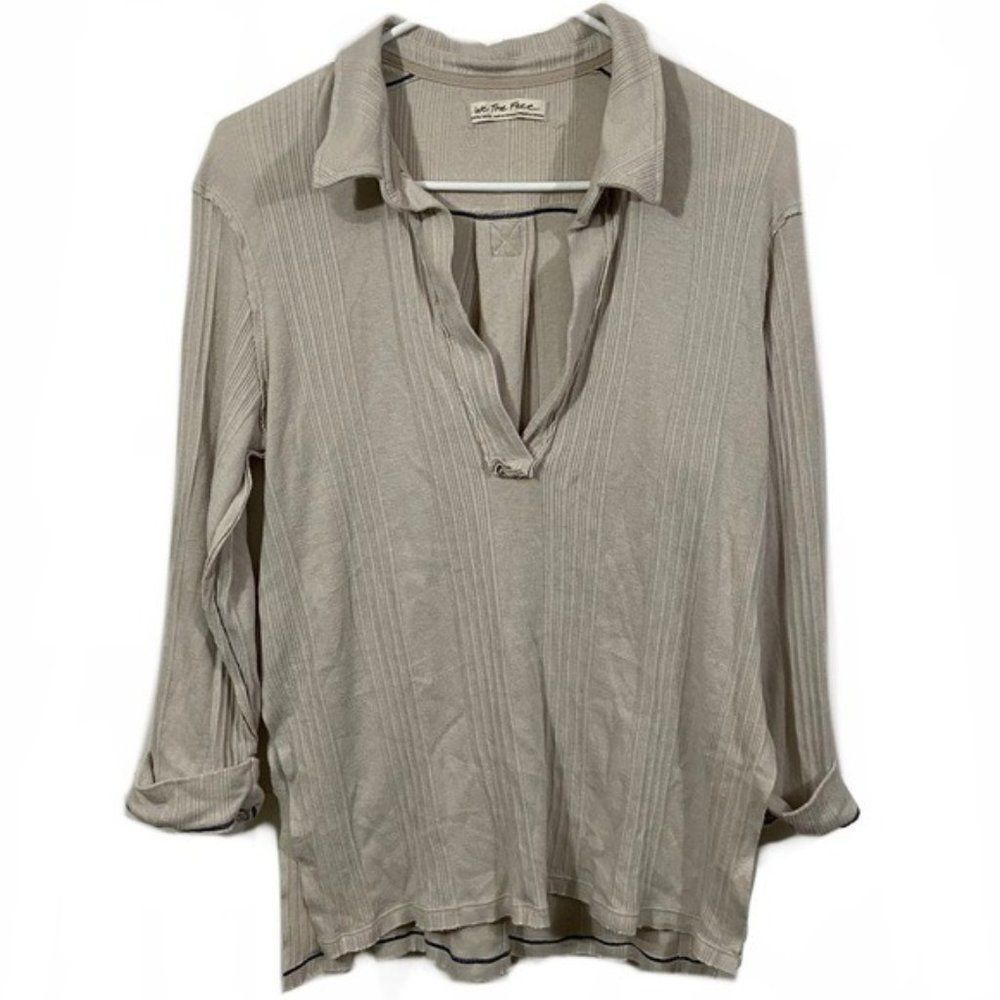 Free People Taupe V-Neck Ribbed Oversized Sweater